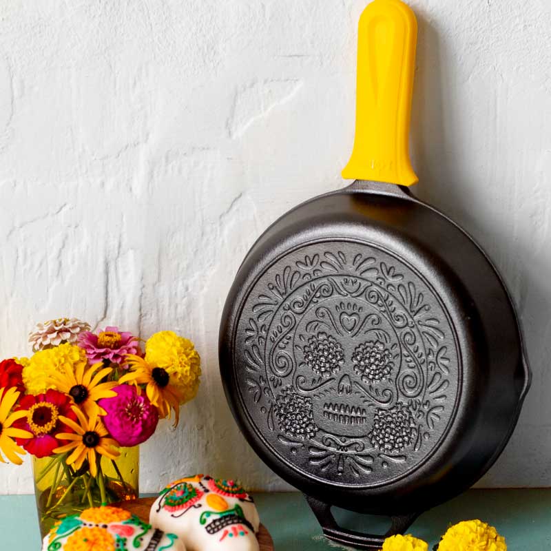 Lodge Ironware - Seasoned Cast Iron Sugar Skull Skillet with Deluxe Handle Holder